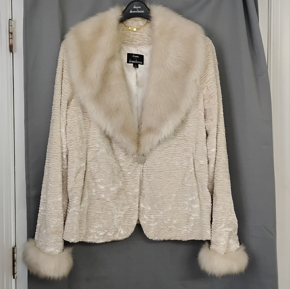 ❤️DENNIS BASSO Faux Fur Off Cream Waist Coat Jacket Size Large